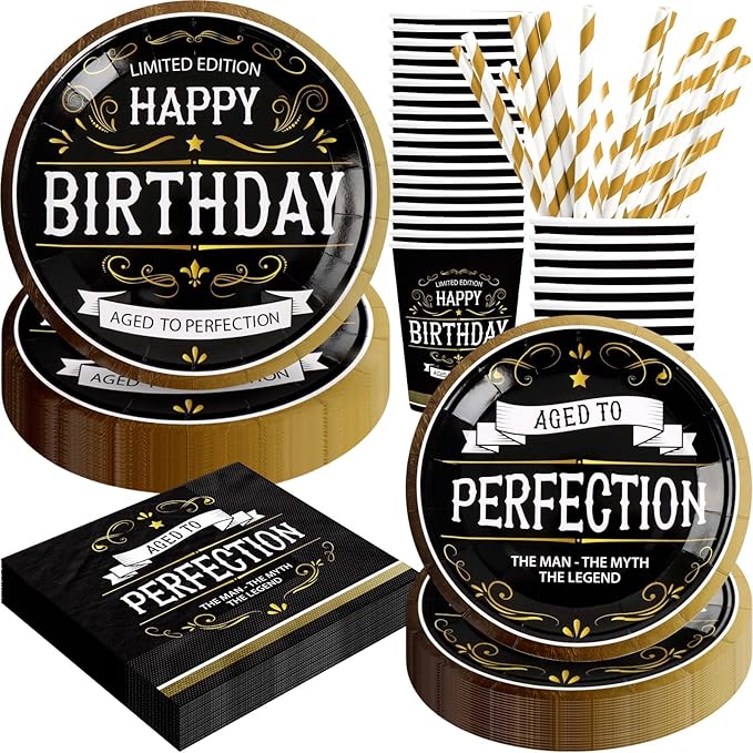 Aged to Perfection Birthday Decorations, 120Pcs Birthday Party Decorations for Men, Disposable Tableware Includes Paper Plates, Napkins, Cups and Straws | Serves 24