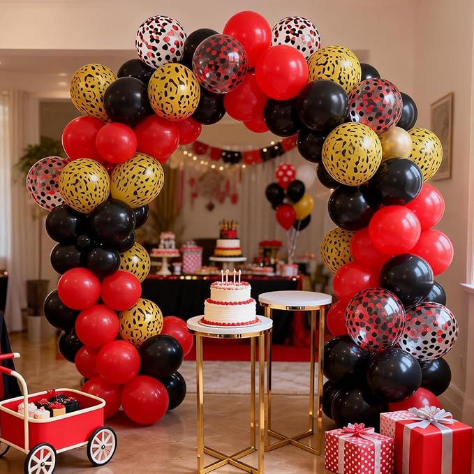 FunHot Leopard Balloons, 50 Pcs Black Red Balloon, Cheetah Printed Balloons, 12 Inch Red and Black Confetti Latex Helium Balloon for Birthday Zoo Themed Baby Shower Animal Leopard Party Decorations