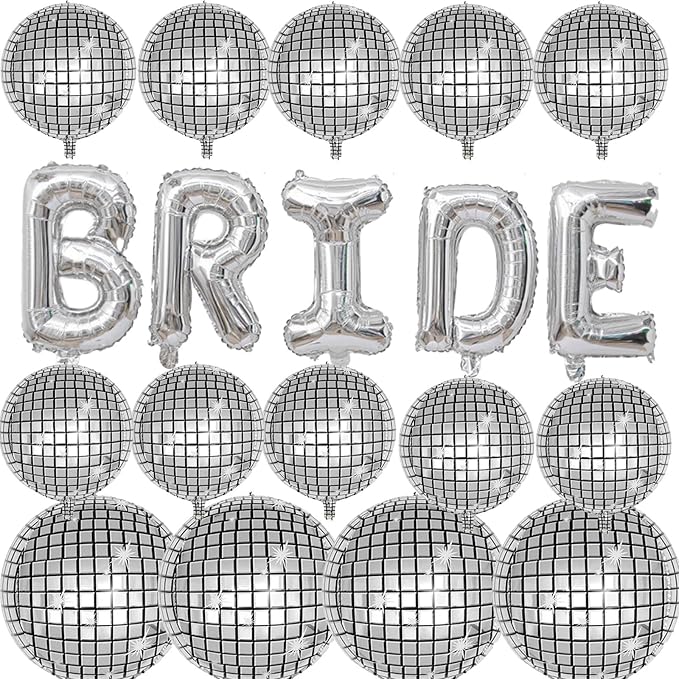 FBQ 32 Inch Bride Balloons Set Silver 4D Disco Ball Balloon Bachelorette Party Wedding Engagement Party Bridal Shower Decorations Supplies(13 Pcs)