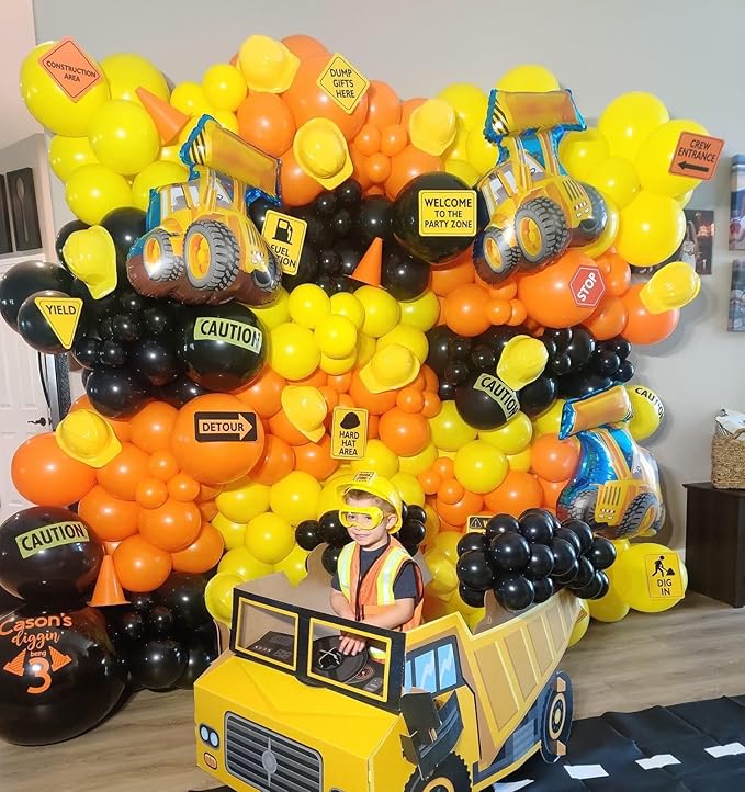 Construction Balloons, 12 inch Black Orange Yellow Balloons,Excavator Helmet Warning Printed Latex Balloons for Construction Party Birthday Truck Theme Baby Shower Boys Party Supplies