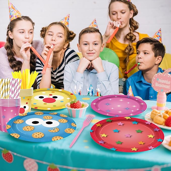 168PCS Cookie Party Supplies for Boys Girls Cartoon Street Theme Birthday Party Decorations Paper Plates Cups Forks Knives and Straws Tableware Set for 24 Guests