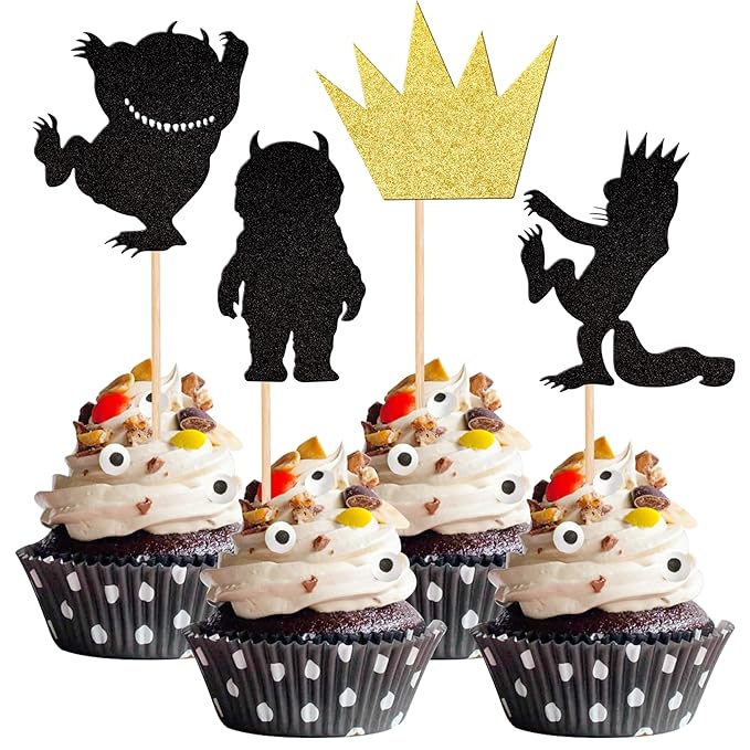 24 PCS Glitter Where The Wild Things Are Inspired Cupcake Toppers Wild one Crown Cupcake Picks Baby Shower Kids Birthday Party Cake Decorations Supplies
