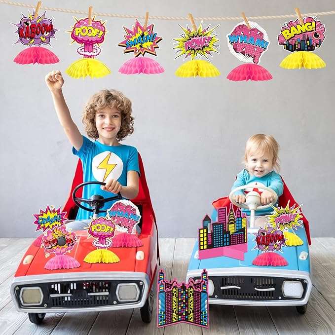Funrous 11 Pieces Hero Party Decoration Hero Honeycomb Centerpieces 3D Table Topper Paper Large Word Centerpieces Fun Action Sign Standing Card for Birthday Baby Shower Decor Supplies (Pink)