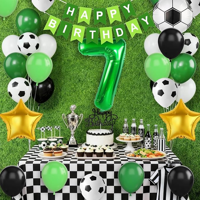Soccer Party Decorations for Boys, 7th Soccer Birthday Decoration with Green Black White Balloons 'HAPPY BIRTHDAY' Banner Cake Toppers 32in Foil 7 Balloon for Boys Men Birthday Decor