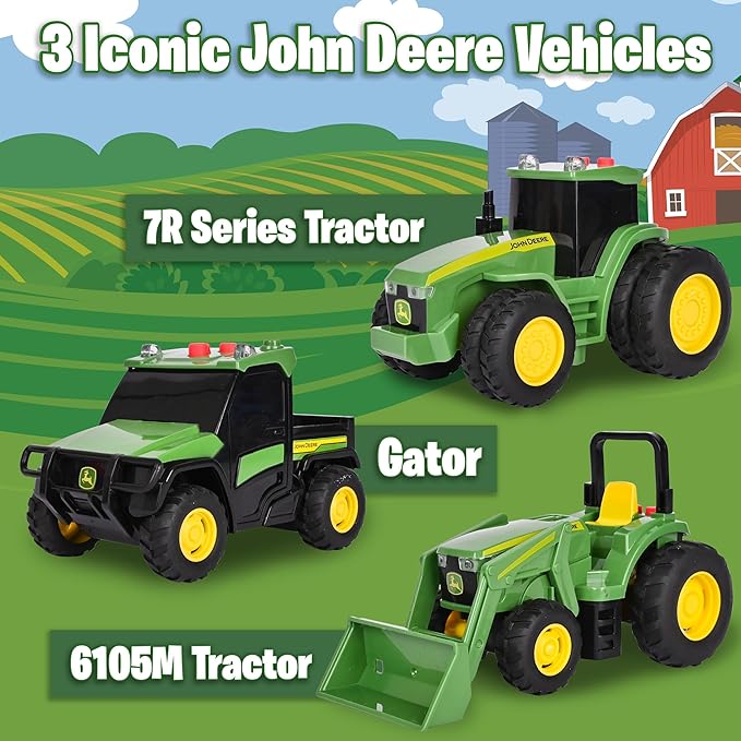 John Deere 3-Pack Set Lights and Sound Realistic 5" Farm Vehicles, 7R Series Tractor, 6105M Tractor and Gator