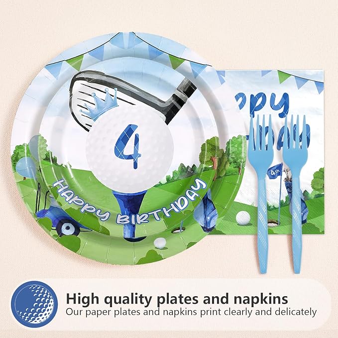 96 Pcs Golf 4th Birthday Party Supplies Golf Ball Sports Theme Party Plates and Napkins Disposable Blue Green Tableware Set for Kids Boys Four Birthday Decorations Serves 24