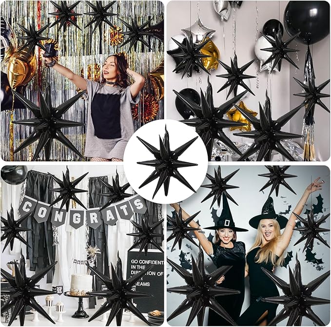 6 Pcs Black Star Foil Balloons One-Piece 14-Pointed Star Balloon 4D Starburst Cone Mylar Balloon 22inch Christmas Birthday Wedding Wedding Anniversary Party Supplies (22&27 Inches Black)