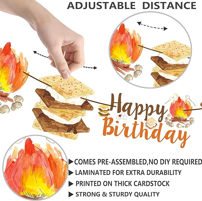 S'more Birthday Party Banners S'more Party Happy Birthday Banners Bonfire Camping Theme Hanging Decoration for Campfire Camper Birthday Party Baby Shower Supplies
