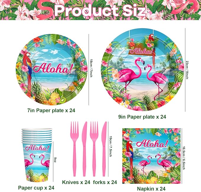 Flamingo Party Supplies 144 PCS, Tropical Hawaiian Luau Decorations Set, Aloha Paper Plates Cups Napkins Tableware for Birthday, Baby Shower, Garden & Beach Parties