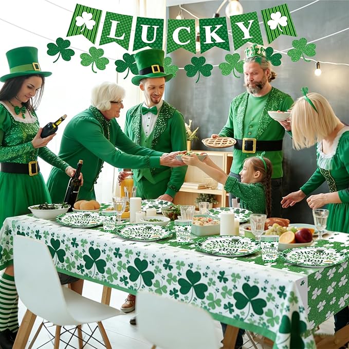 St. Patrick's Day Party Supplies Irish Themed Disposable Dinnerware Set with Lucky Shamrock Plates, Napkins, Cups, Banner and Tablecloth for St Patricks Day Saint Irish Party Decoration, Serves 24