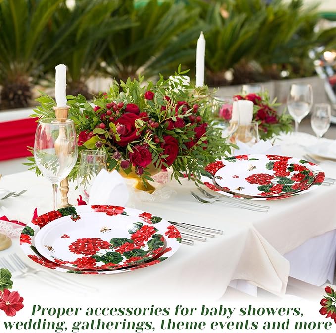 60 Pcs Spring Geranium Paper Plates 9 in and 7 in Red Floral Disposable Party Plates Summer Bee Flower Paper Dinner Dessert Tableware for Wedding Baby Shower Party Table Decor Supplies