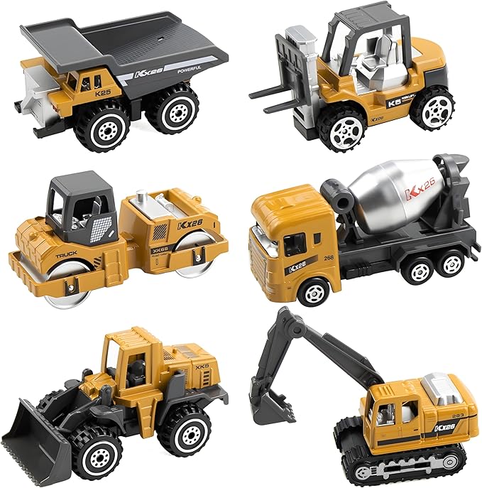 BenRich 6Pcs Mini Die Cast 1/64 Scale Alloy Construction Vehicle Set - Dump Truck, Bulldozer, Forklift, Mixer Truck, Road Roller & Excavator Toys Car for Kids Boys Girls Birthday Gift (Yellow)