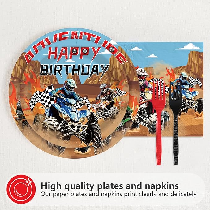 96Pcs Four Wheeler Birthday Decorations ATV Quad Bike Party Plates and Napkins Dirt Bike Motocross Tableware Set for Kids Teens Boys Girls Birthday Party Supplies Serves 24