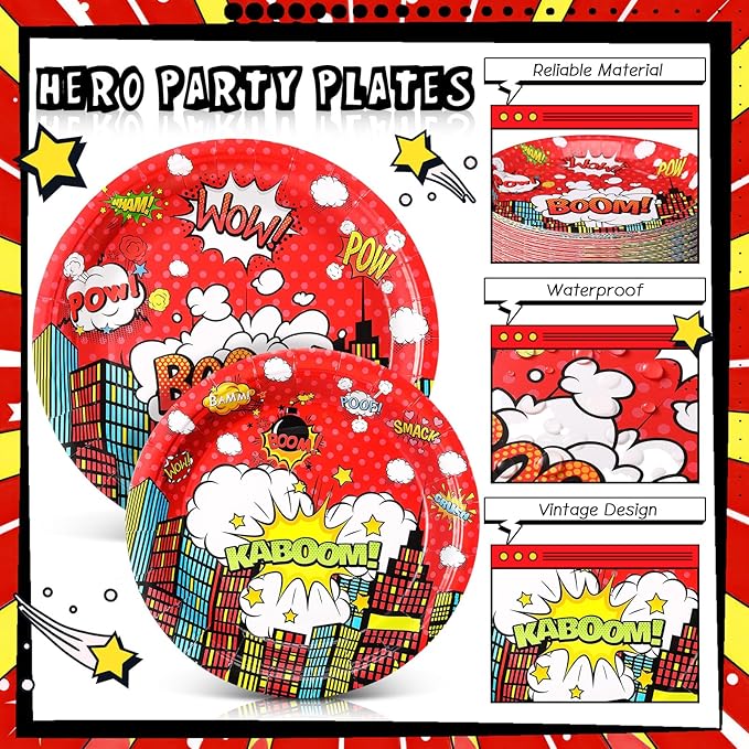 Zhehao 210 Pcs Christmas Hero Party Supplies Serves 30, Hero Themed Paper Plates Napkins Cups and Tableware Sets for Birthday Baby Shower Party Supplies Decor (Red)