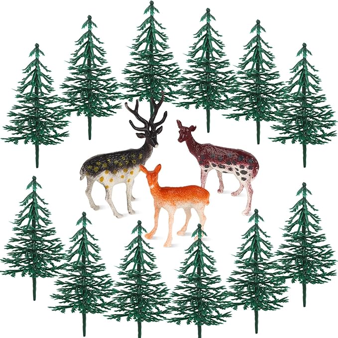 Hooqict 15Pcs Deer Christmas Tree Cake Topper with Tree Deer Figurines Hunting Cake Decorations for Winter Forest Woodland Birthday Party Supplies Animals Christmas Decorations
