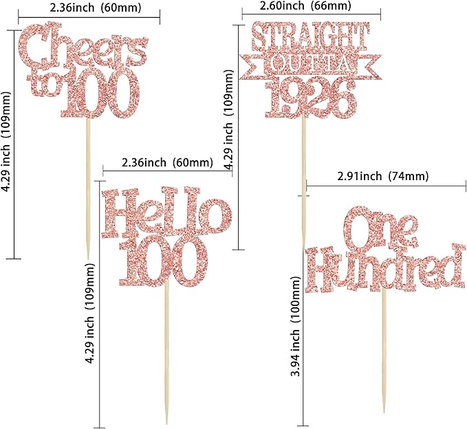 Ephlyn 24Pcs Happy 100th Birthday Cupcake Toppers Glitter Cupcake Picks Hello 100 Cheers to 100 Years Birthday Cake Decorations for 100th Birthday Anniversary Party Supplies Rose Gold