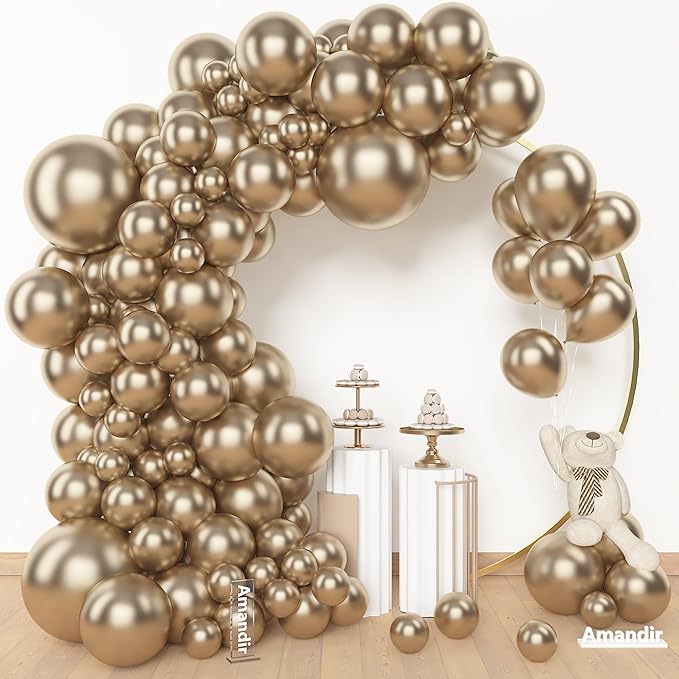Amandir 153 Pcs Chrome Gold Balloons Arch Garland Kit, Different Sizes 18 12 10 5 Inch Metallic Champagne Gold Balloons for Retirement Graduation Casino Wedding Men Birthday Shower Party Decorations