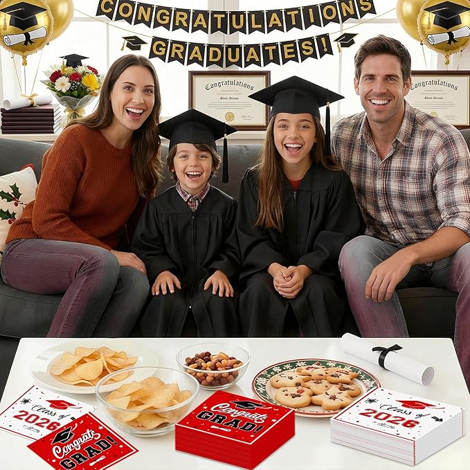 50 Pcs Graduation Napkins Decorations - Red Class of 2026 Congrats GRAD 3-Ply Paper Cocktail Dinner Napkins Set for 2026 Graduation Party Supplies Table Decor Favors, 6.5 x 6.5 Inch