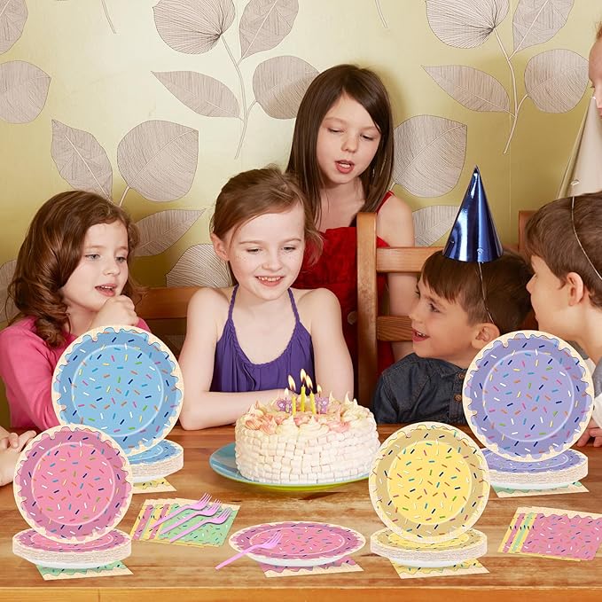 96Pcs Ice Cream Party Decorations Sweet One Birthday Plates Tableware Set Colorful Sprinkle Dessert Theme Dinner Paper Plates Napkins Donut Theme Dinnerware for Girls Baby Shower Party Supplies Favors