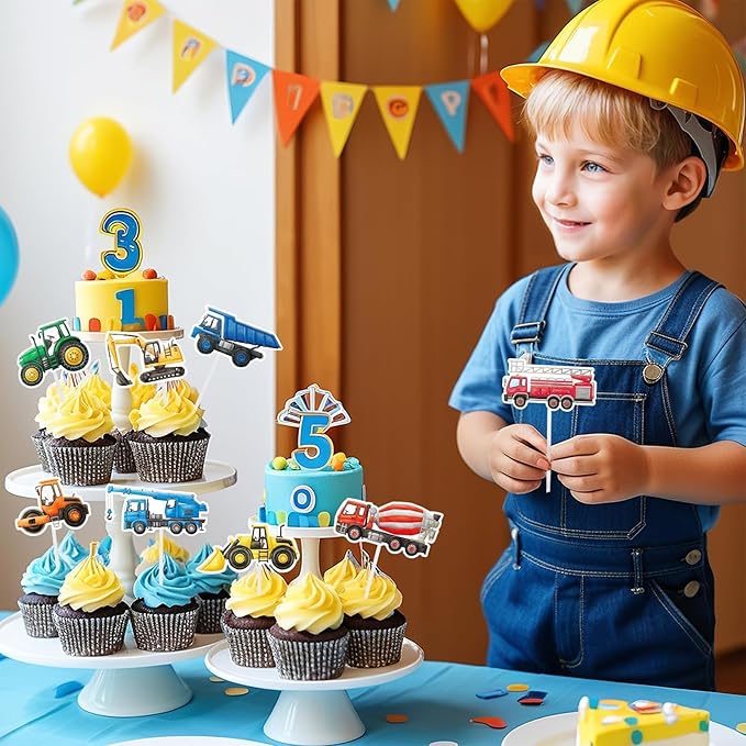 WERNNSAI 40 Pcs Construction Cupcake Toppers - Construction Birthday Party Supplies Truck Excavator Cake Toppers Picks for Kids Birthday Baby Shower Party Supplies
