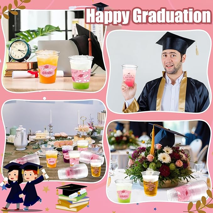 GuassLee Rose Gold Graduation Decorations 2026 Party Cups - 50pcs 12 Oz Rose Gold Disposable Graduation Plastic Clear Cups for Drinks Class of 2026 Grad Party Supplies