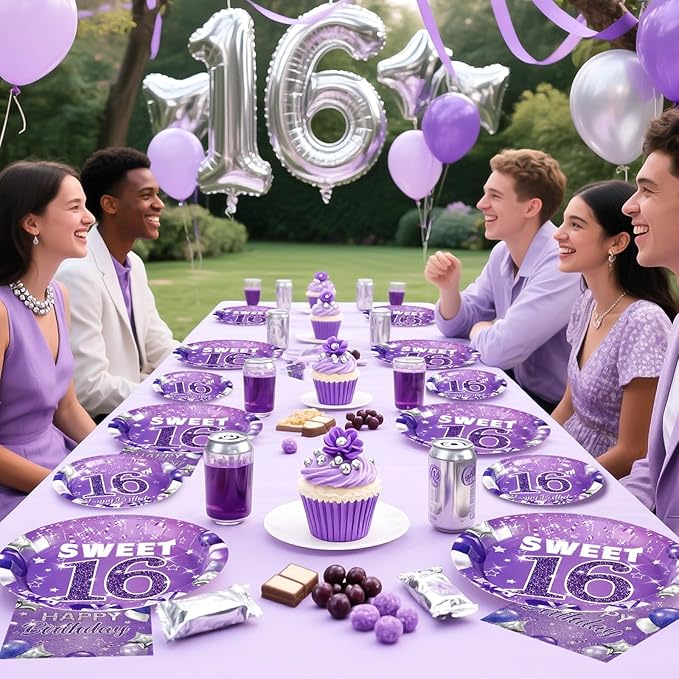 Grencian 96Pcs 16th Birthday Party Supplies Purple Sweet 16 Birthday Plates and Napkins Tableware Sets Sixteenth Birthday Party Decorations for Girls Happy 16th Birthday Party Favors Serves24
