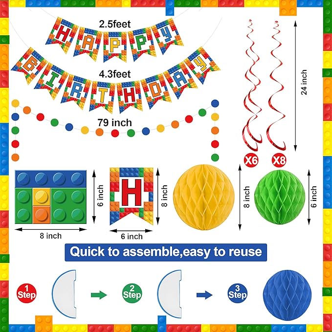 Building Block Birthday Party Decorations Brick Themed Happy Birthday Banner Colorful Block Hanging Swirls Honeycomb Balls Circle Dots Garland for Colorful Brick Pre-strung Birthdays Party Decor