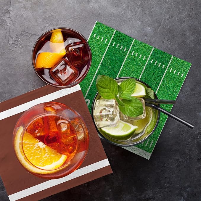 80 Pcs Football Birthday Party Supplies Disposable Paper Cocktail Napkins for Tailgate Party Decorations, Assorted 40 Pack Football Field Design and 40 Pack of football Pattern, Total 80 Pack