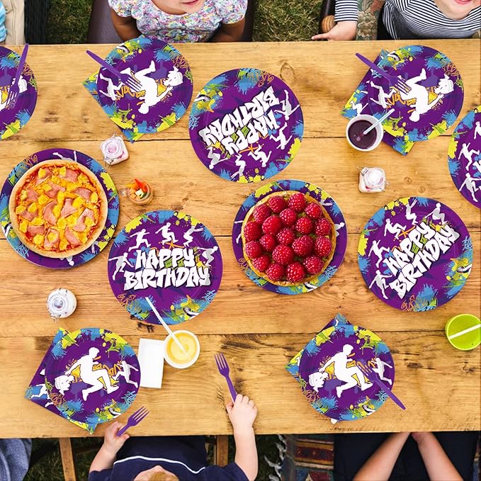 96Pcs Parkour Birthday Party Decorations Purple Happy Birthday Plates and Napkins Parkour Theme Tableware Set for Men Women Extreme Sports Run and Jump Party Supplies Serves 24