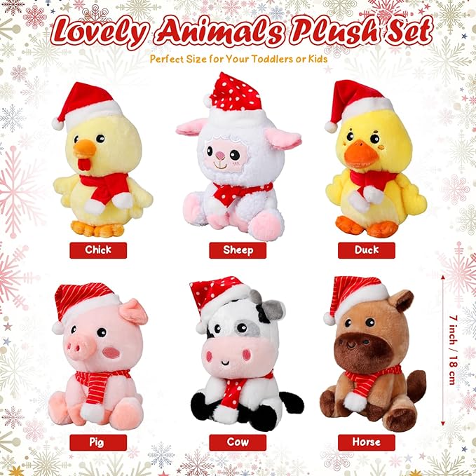 6 Pcs 7 Inch Large Farm Animals Bulk with Red Hat & Scarf Horse Sheep Cow Duck Chick Pig Stuffed Animals Toys for Woodland Baby Showers Party Decor Birthday Gifts Classroom Prize