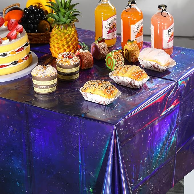 6Pcs Iridescent Space Tablecloths, Disposable Plastic Purple Galaxy Table Cloth Rectangle Table Covers for Space Starry Night Star Theme Party Birthday Party Decorations, 54x108 Inch
