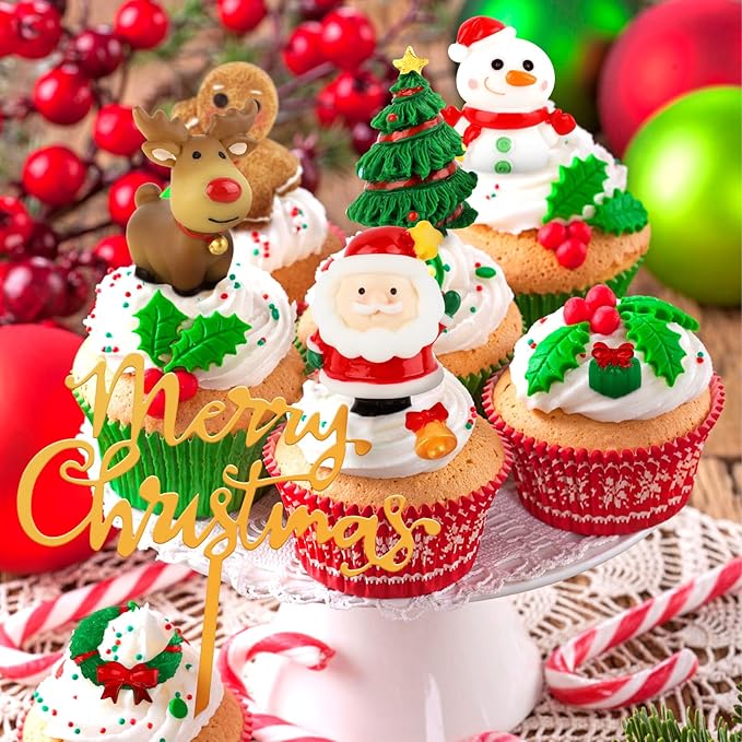 Hooqict 9Pcs Christmas Cake Decorations with Santa Claus, Reindeer, Snowman, Gingerbread, Merry Christmas Cake Topper for Xmas Holiday Birthday Party Cake Decorations Supplies