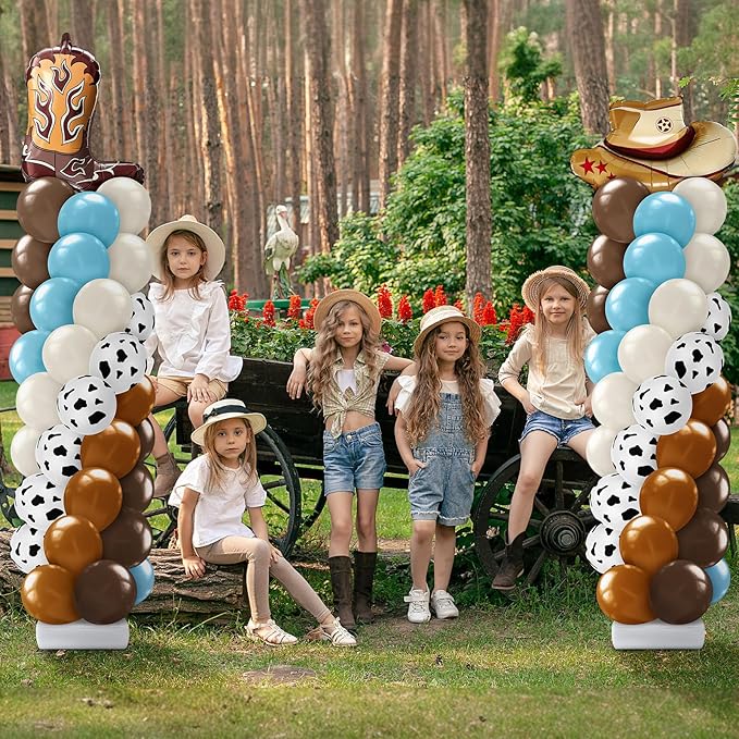 Kasyat 2 Set Western Cowboy Balloon Column Stand Kit, Brown Slate Blue Dusty Blue Sand White Cow Print Balloons Garland Arch Kit for Farm Western Cowboy Baby Shower Birthday Party Decorations