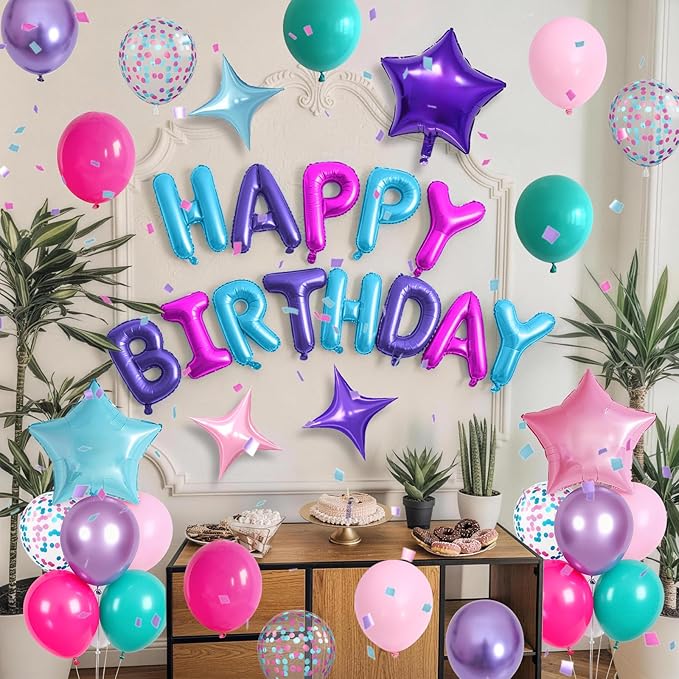 Pink Purple Blue Birthday Decorations Hot Light Pink Metallic Purple Teal Confetti Balloon Happy Birthday Banner Heart Foil Balloons 18/10 Inch Star Balloons for Girls Boys Bday Mermaid Party