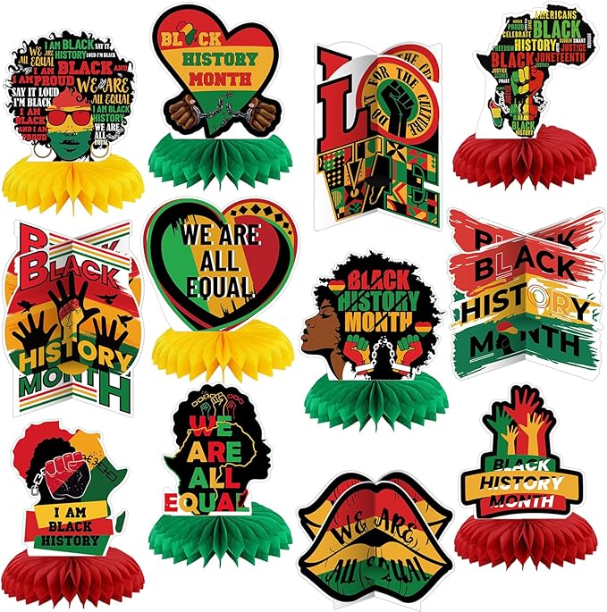 Pickmesh 12 Pieces Black History Month Party Decorations 3D Black History Honeycomb Centerpieces Table Decor African American BHM Festival Decorations Table Toppers for Party Supplies