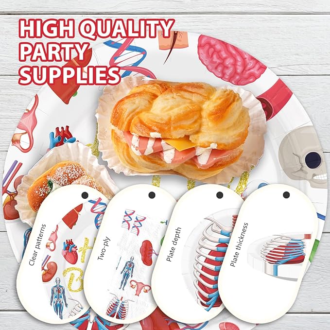 96Pcs Human Anatomy Body Part Birthday Party Supplies Human Body Theme Plates and Napkins Organ Heart Stomach Theme Tableware Set for Medical Physiology Doctor Nurse Birthday Party Supplies，Serves 24