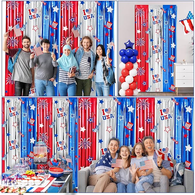 Red White Blue Decorations 2 Pack 3.3 x 6.6 Ft Red White Blue Tinsel Foil Fringe Curtains America Star Firework Streamer Backdrop Photo Prop for Patriotic Independence Memorial Labor Day