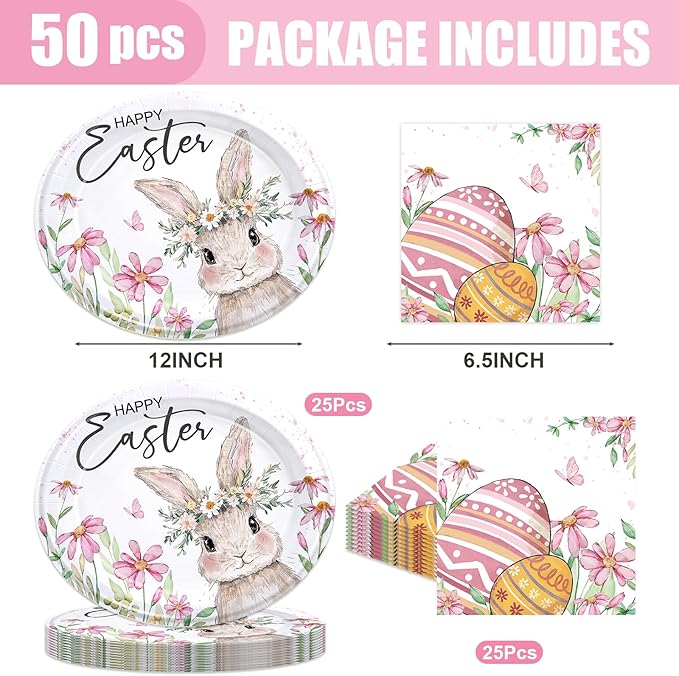 50PCS Easter Party Supplies Happy Easter Party Decorations Vintage Bunny Flower Paper Plates Napkins Cute Rabbit Wlidflower Themed tableware for Spring Holiday Picnic Serve 25