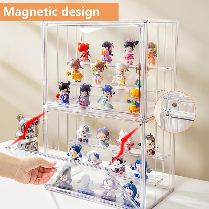 Attelite Acrylic Display Case for Collectibles, 3 Tier Figure Display Cases with 2 Movable Dividers, Clear Stackable Display Box Showcase with Magnetic Door for Action Figures