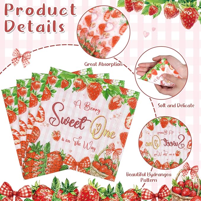 100 Pcs Strawberry Napkins, Strawberry Baby Shower Decorations Napkin Fruit Theme Disposable Cocktail Napkins for Baby Shower Birthday Party