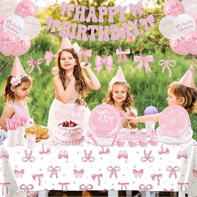 Coquette Birthday Decorations, Pink Bow Birthday Decorations Serve 24 Includes bow hair clip Hanging Swirls Plates Napkins Cups Banner Tablecloth Balloons Pink Party Supplies for Girls Party