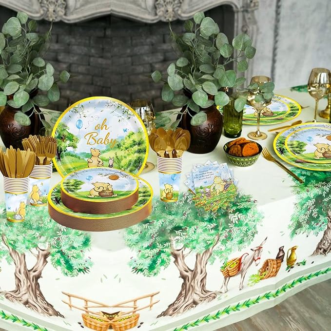 175pcs Vintage Winnie Bear Baby Shower Pooh Decorations Birthday Party Supplies Tableware Set (25 Guest)With Paper Plates Cups Napkins Cutlery for Boy Girl Newborn Birthday Party Dinnerware Decoration