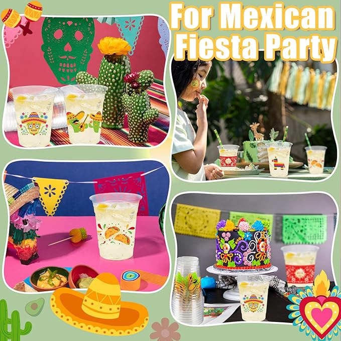 100Pcs Fiesta Cups,12 OZ Plastic Disposable Clear Mexican Cups for Cinco De Mayo Drinkware Party Supplies Fiesta Taco Birthday Party Decorations, 5 Designs