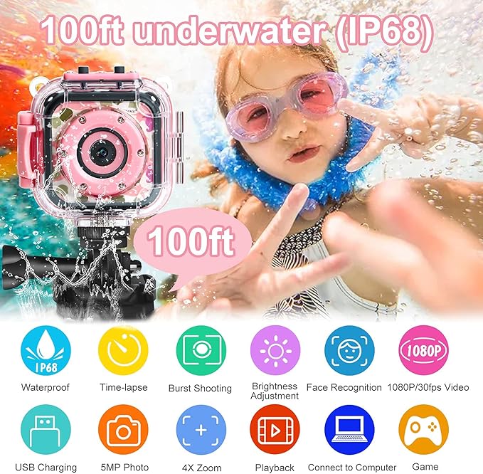 PROGRACE Kids Underwater Camera & Pool Toy - IP68 Waterproof Action Camera for Girls Ages 3-12 with 1080P Video, 32GB Card, Bike Mount, Birthday Gift for Swimming, Diving, Riding, Snorkeling
