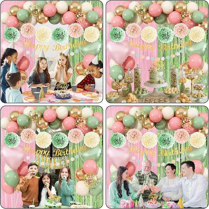 Sage Green Pink Birthday Decorations, Blush Pink Olive Green Gold Sand White Latex Confetti Balloons Boho Happy Birthday Banner Fringe Curtain Pompom for Women Girls Woodland Fairy Party Decor