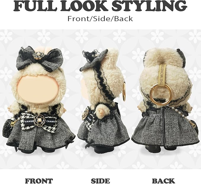 Clothes Compatible with LABUBU Doll – 4PCS Houndstooth lace Dress Set, 17cm Doll Clothes Designer Outfit for Urban Chic Theme, Classic Stylish Accessories for Labubu, No Doll (Houndstooth Rebel)