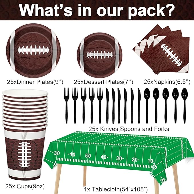Qyeahkj 184pcs Football Party Supplies Decorations Set Serves 25 Includes Plates Napkins Cups Tablecloth Hanging Swirls Banner Tableware Kit for Football Game Party Decorations Favors