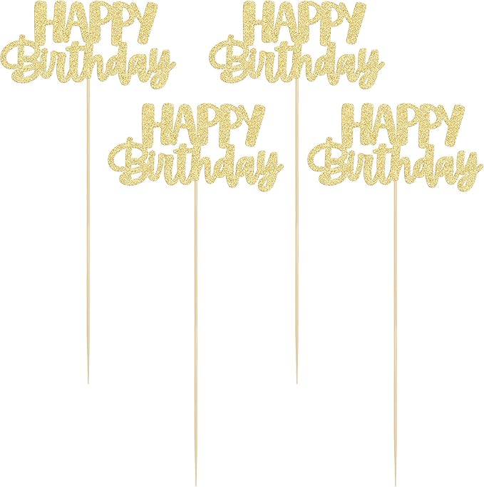 Gyufise 12Pcs Happy Birthday Centerpieces Sticks Double Sided Glitter Birthday Party Decorations Anniversary Table Flower Centerpiece for Celebrating Party Supplies Gold