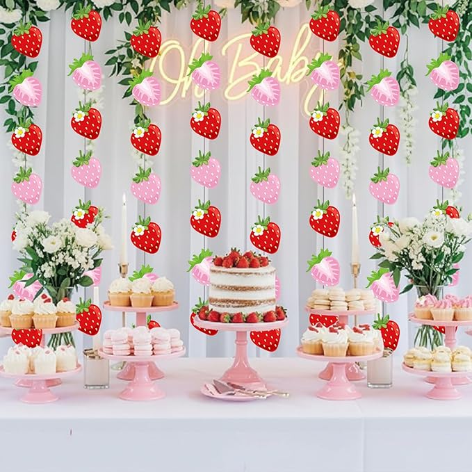 Duraaamo 8 Pack Strawberry Party Banner Decoration Summer Paper Garland Strawberry Paper Hanging Cutout Banners for Baby Shower Party Supplies Decor