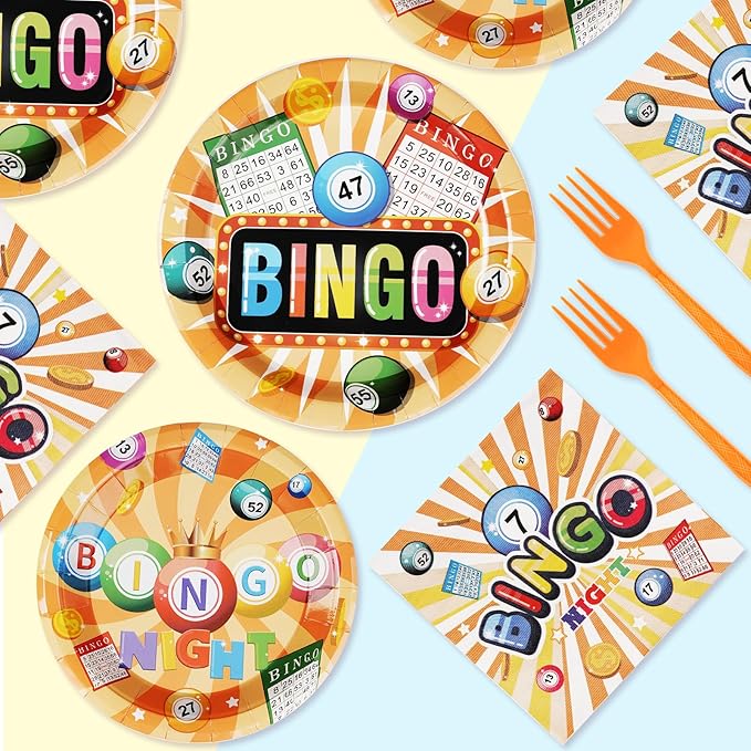 96Pcs Bingo Party Supplies Colorful Bingo Night Plates and Napkins Disposable Tableware Sets Bin-go Theme Birthday Decorations Favors for Adults Boys Girls Family Game Night Decorations Serves 24